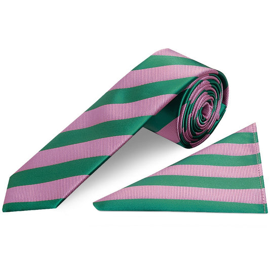 Pink and Green Striped Skinny Mens Tie and Pocket Square Set