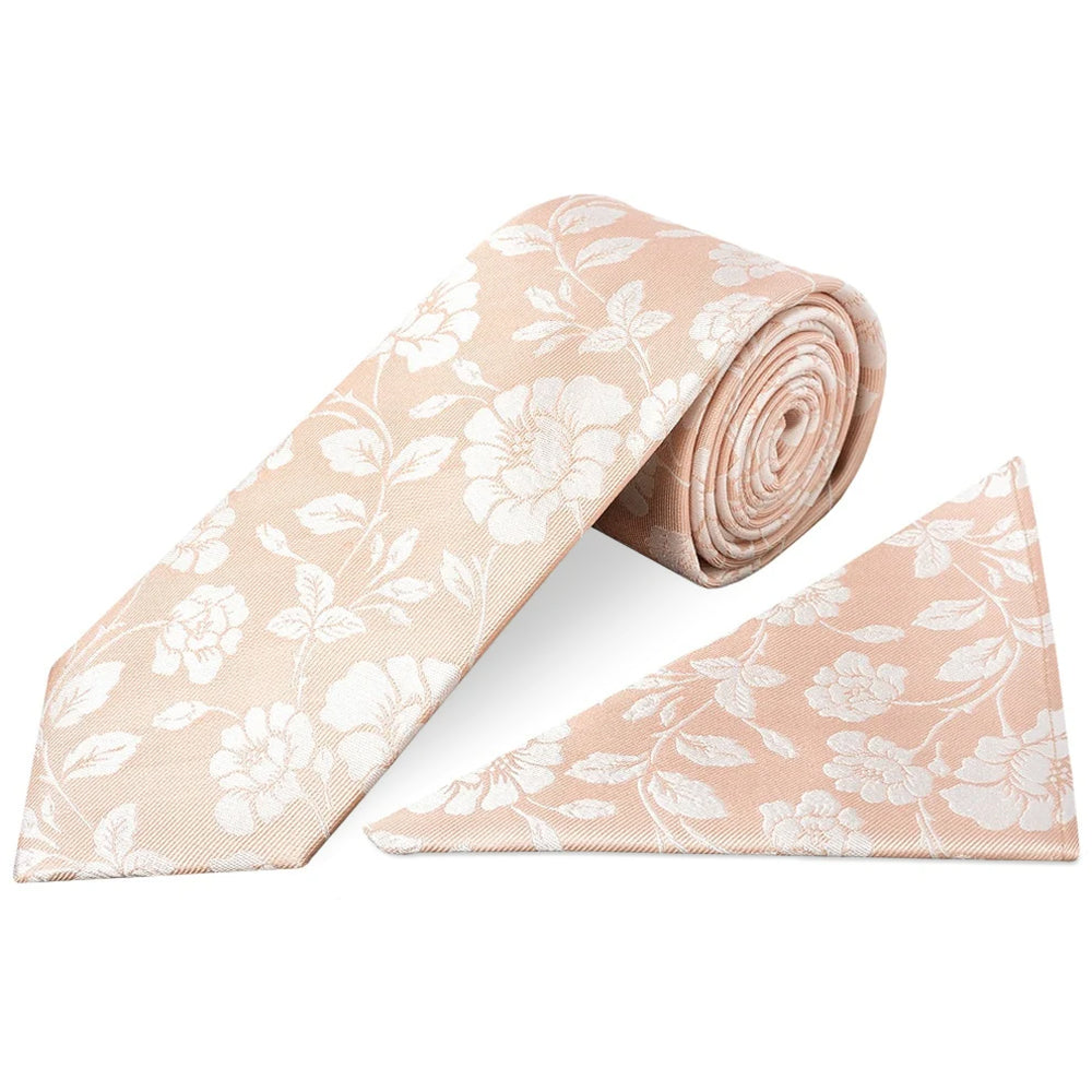 Pink with White Floral Silk Classic Tie and Pocket Square