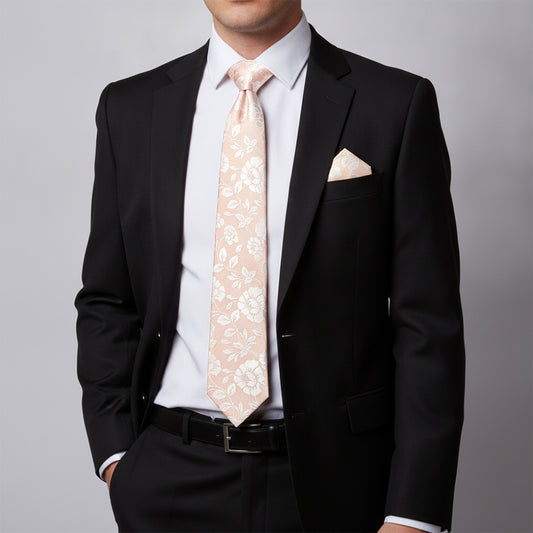 Pink with White Floral Silk Classic Tie and Pocket Square