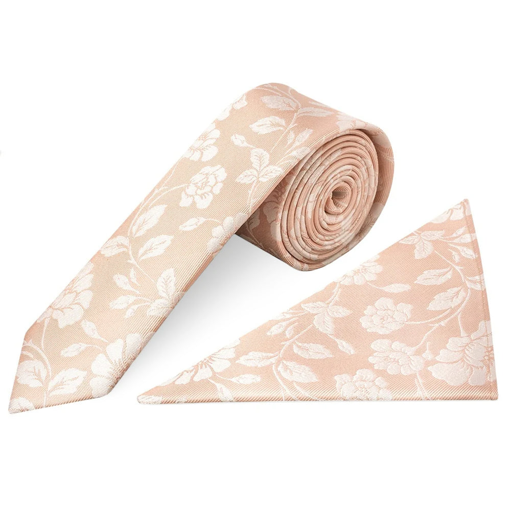Pink with White Floral Silk Skinny Tie and Pocket Square Set