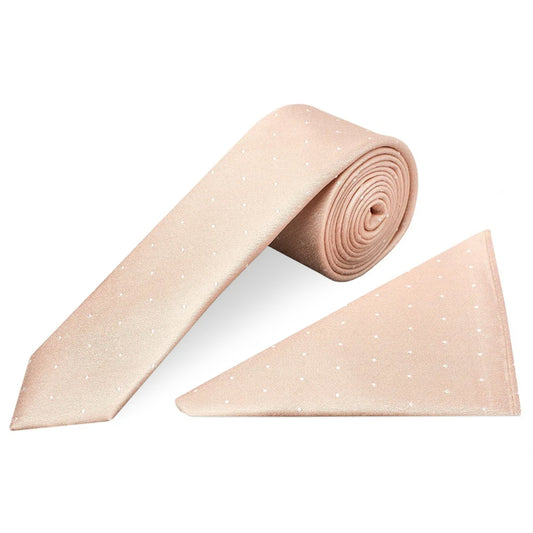 Pink with White Spot Silk Skinny Tie and Pocket Square Set