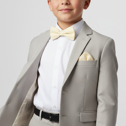 Pre Tied Ivory Silk Boys Bow Tie and Pocket Square Set Age 8-11