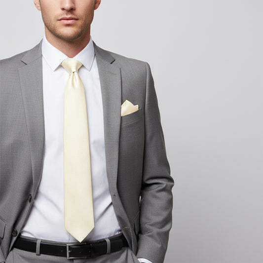 Plain Ivory Silk Classic Mens Tie and Pocket Square Set