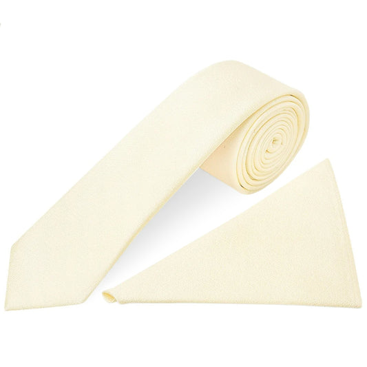 Plain Ivory Silk Skinny Mens Tie and Pocket Square Set
