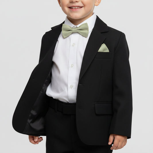 Pre Tied Khaki Green Silk Boys Bow Tie and Pocket Square Set Age 4-7