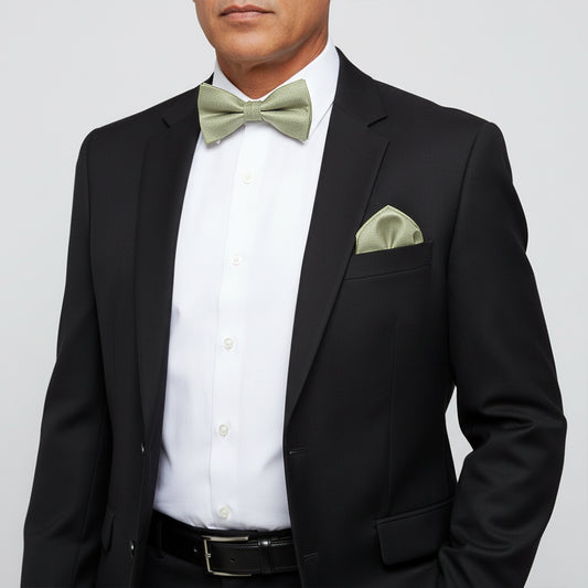 Plain Khaki Green Silk Mens Bow Tie and Pocket Square Set