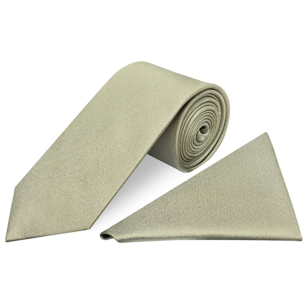 Plain Khaki Green Silk Classic Mens Tie and Pocket Square Set