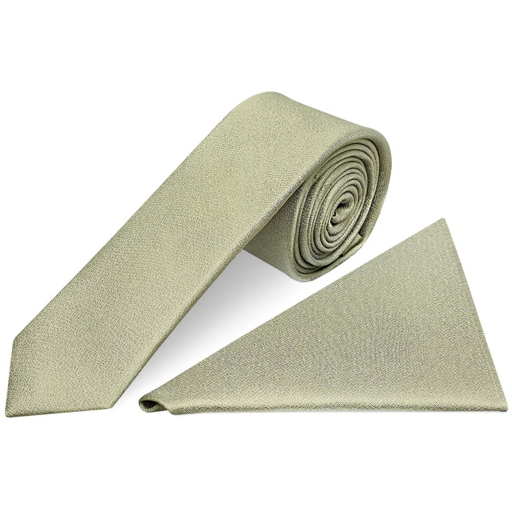 Plain Khaki Green Silk Skinny Mens Tie and Pocket Square Set