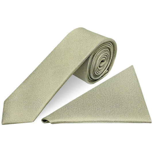 Plain Khaki Green Silk Skinny Mens Tie and Pocket Square Set