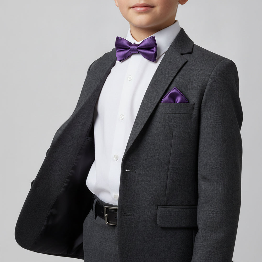 Pre Tied Purple Satin Boys Bow Tie and Pocket Square Set