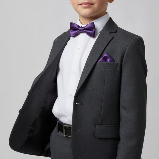 Pre Tied Purple Satin Boys Bow Tie and Pocket Square Set