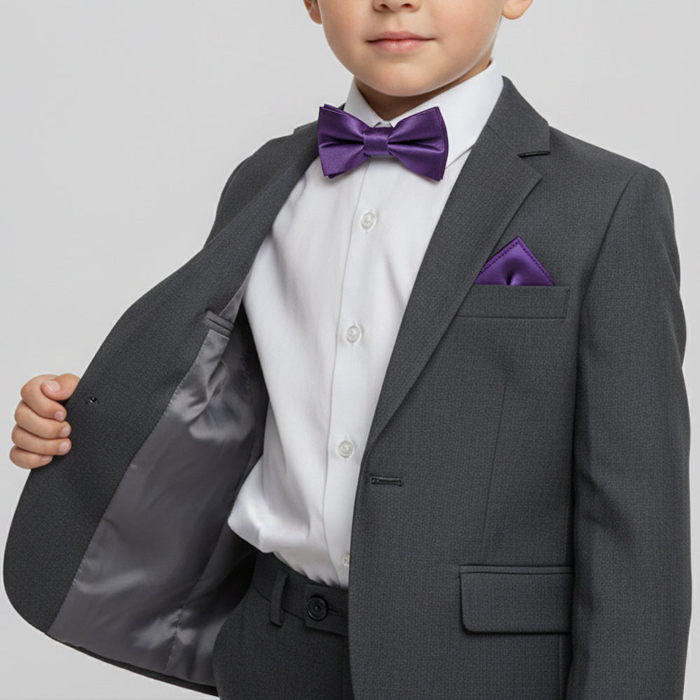 Pre Tied Purple Satin Boys Bow Tie and Pocket Square Age 4-7