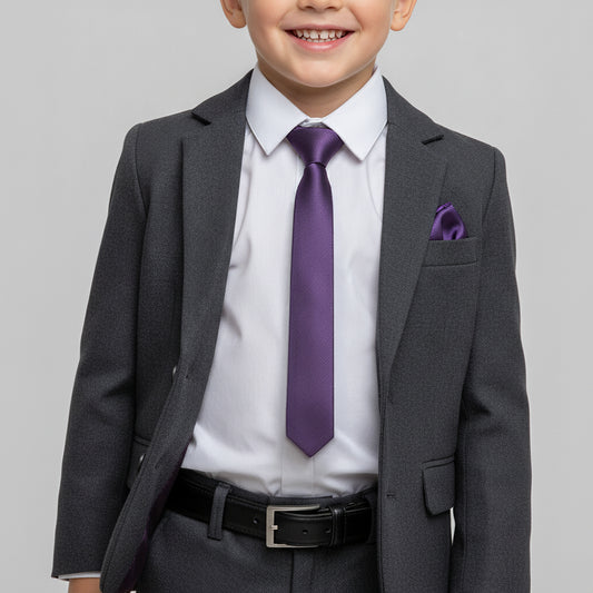 Pre Tied Purple Satin Boys Tie and Pocket Square Set Age 4-7