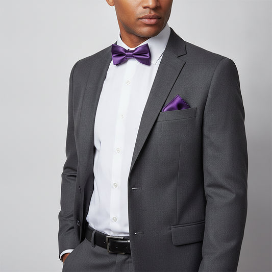 Handmade Purple Mens Bow Tie and Pocket Square Set
