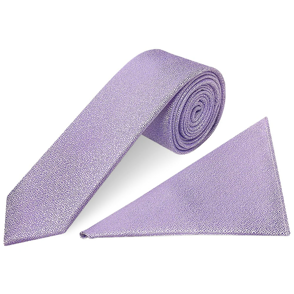 Plain Purple Textured Silk Skinny Mens Tie and Pocket Square Set