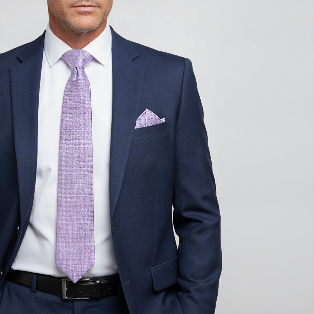Plain Purple Textured Silk Classic Mens Tie and Pocket Square Set