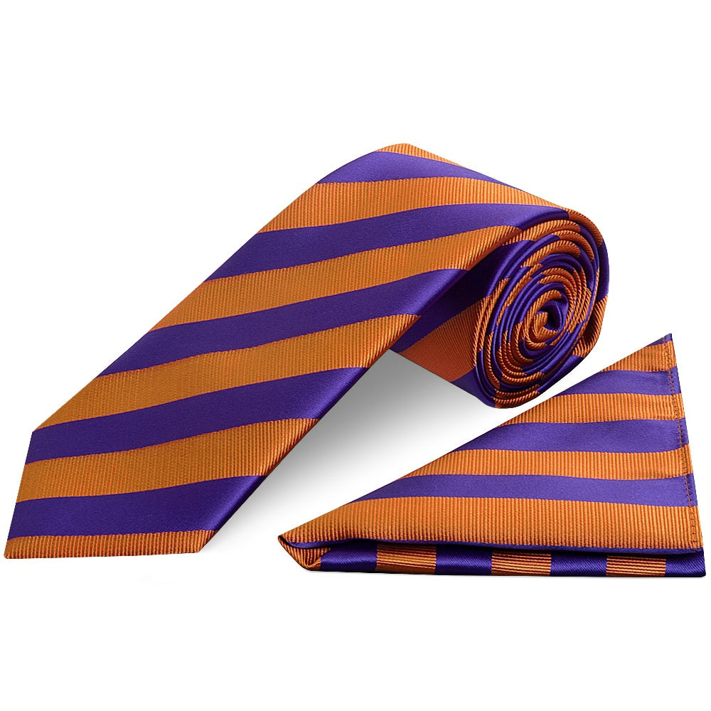 Purple and Orange Striped Classic Mens Tie and Pocket Square Set