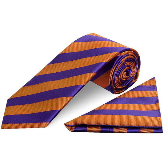 Purple and Orange Striped Classic Mens Tie and Pocket Square Set