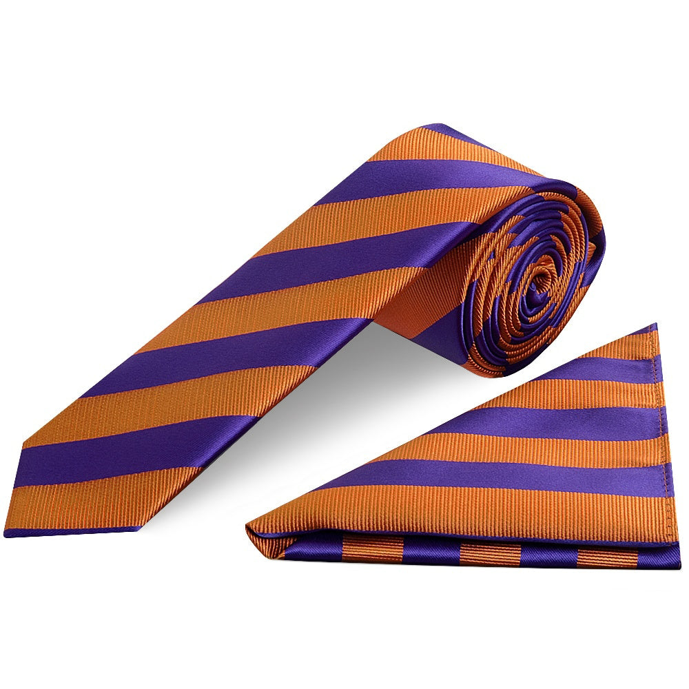 Purple and Orange Striped Skinny Mens Tie and Pocket Square Set