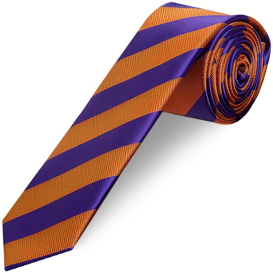 Purple and Orange Striped Skinny Mens Tie and Pocket Square Set