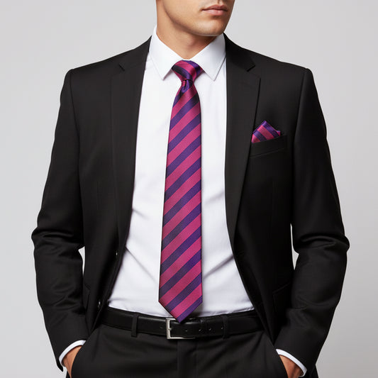 Purple and Pink Striped Classic Mens Tie and Pocket Square Set