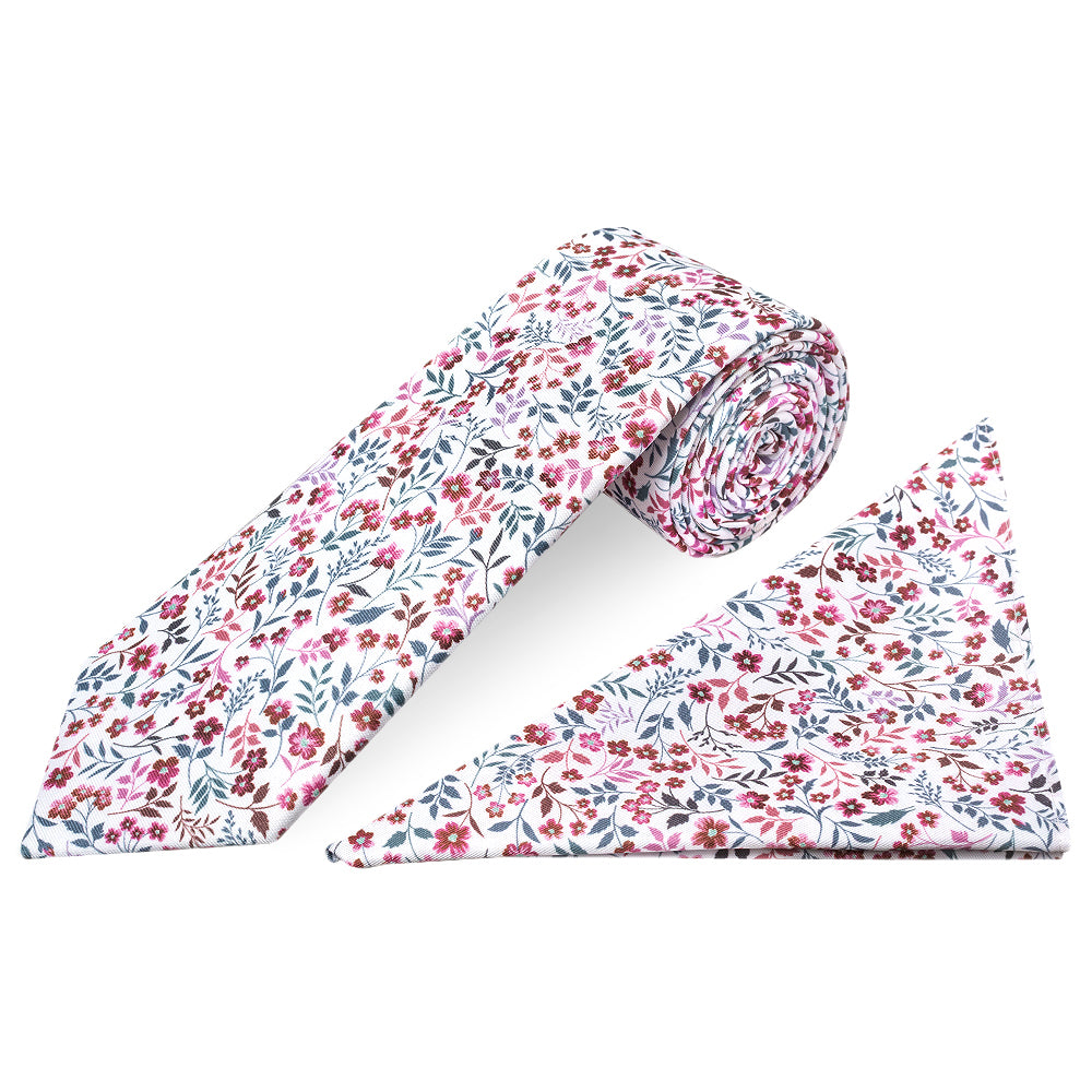 Mens Classic Red Floral Tie and Pocket Square Set