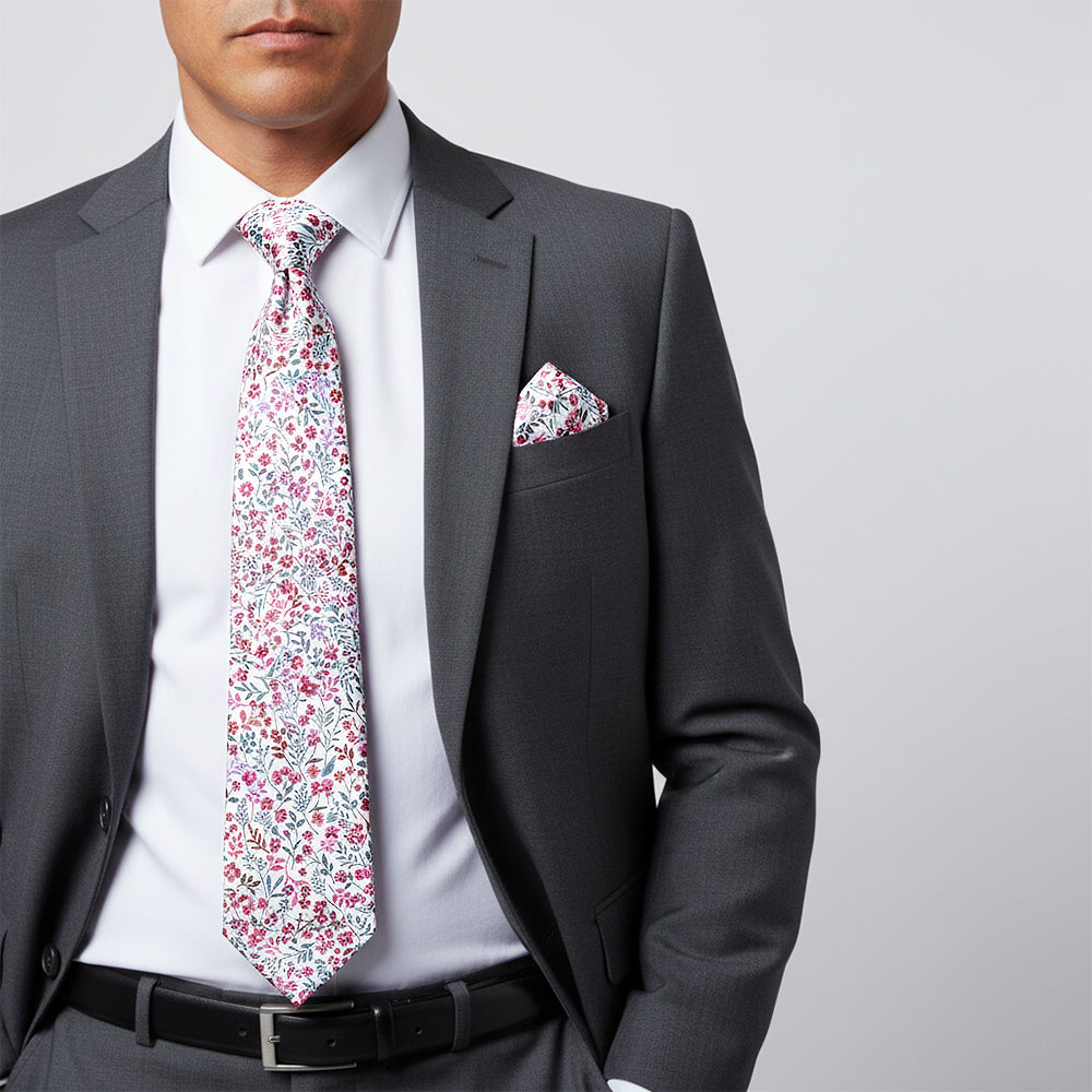 Mens Classic Red Floral Tie and Pocket Square Set