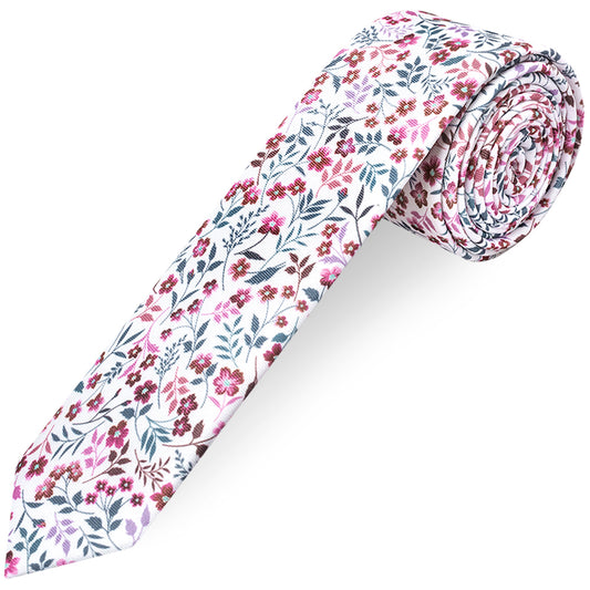Mens Skinny Red Floral Tie and Pocket Square Set