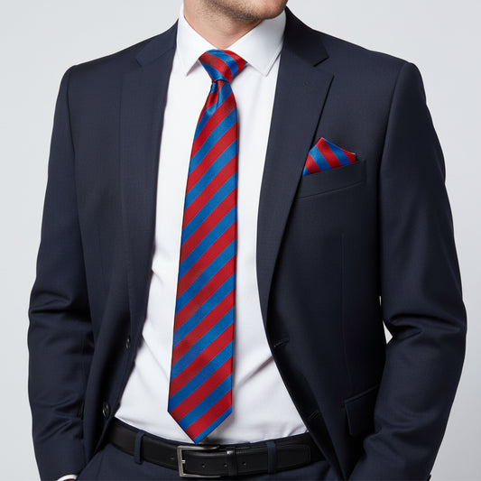 Red and Blue Striped Classic Mens Tie and Pocket Square Set