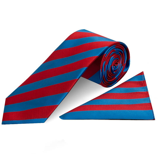 Red and Blue Striped Classic Mens Tie and Pocket Square Set