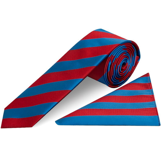 Red and Blue Striped Skinny Mens Tie and Pocket Square Set
