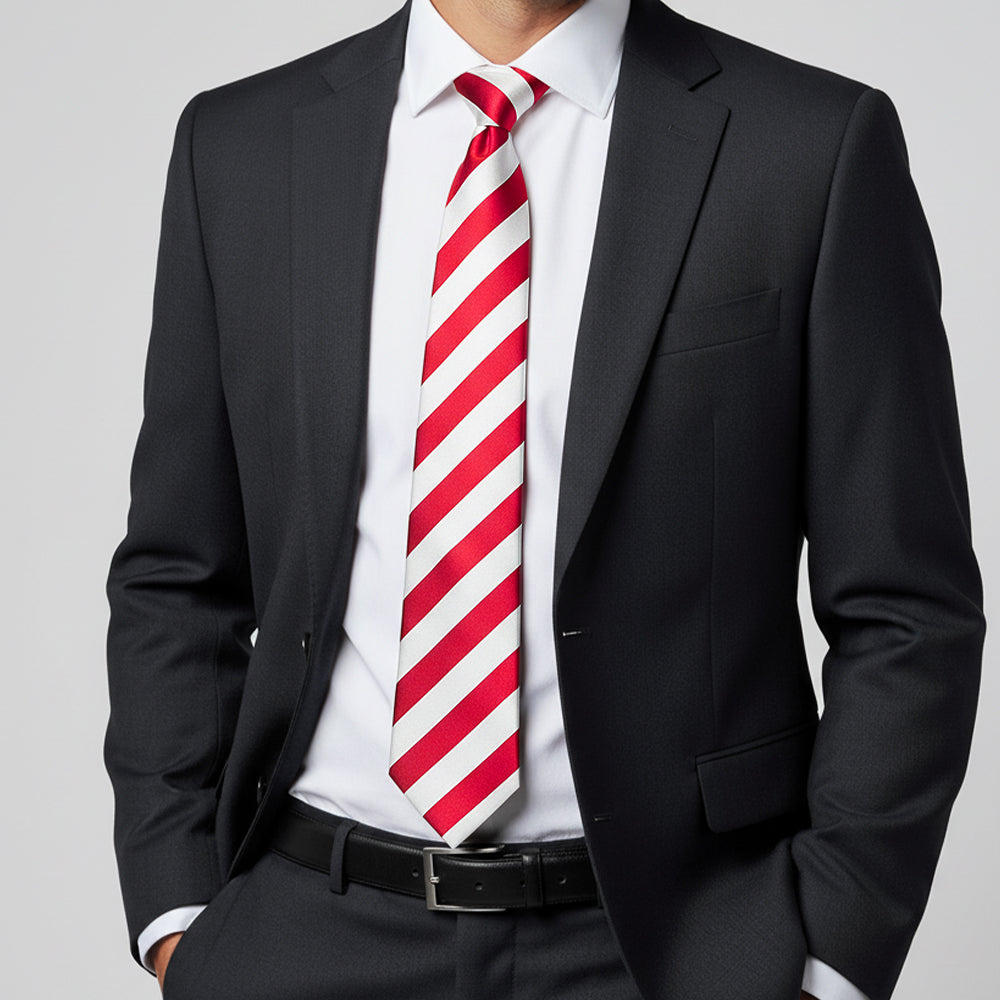Red and White Striped Hand Made Classic Mens Football Tie