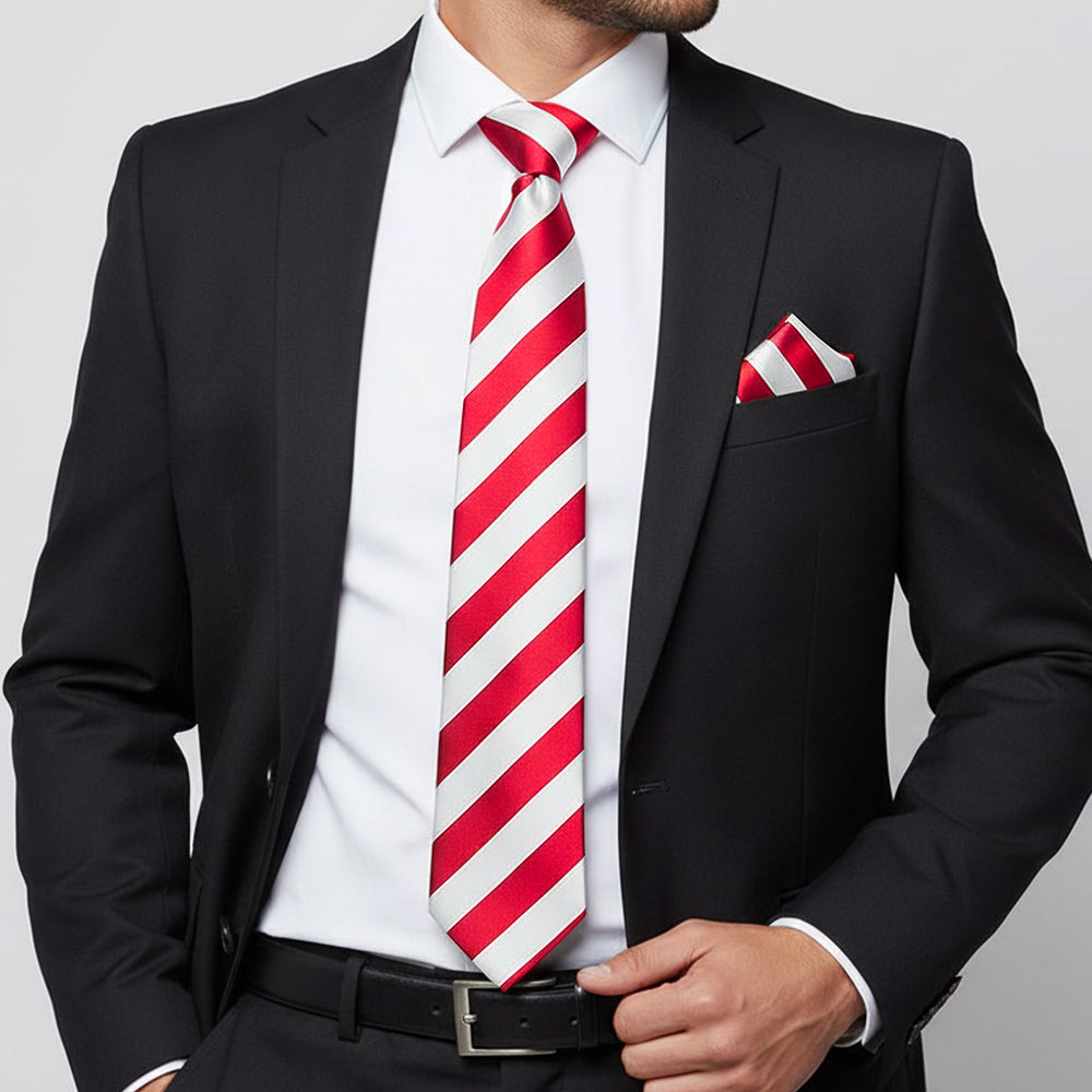 Red and White Striped Hand Made Classic Mens Football Tie and Pocket Square Set