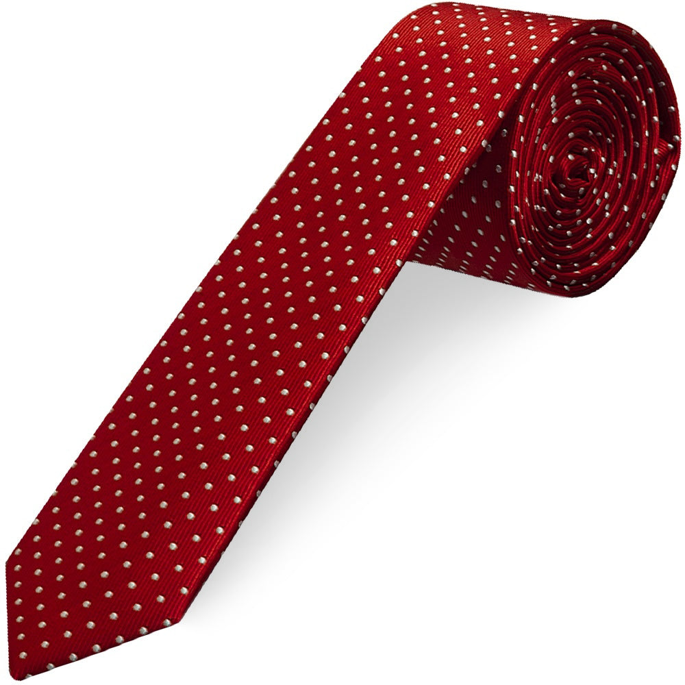 Red and White Polka Dot Skinny Men's Tie Pocket Square Set