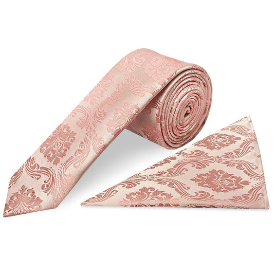 Rose Gold Paisley Skinny Mens Tie and Pocket Square Set
