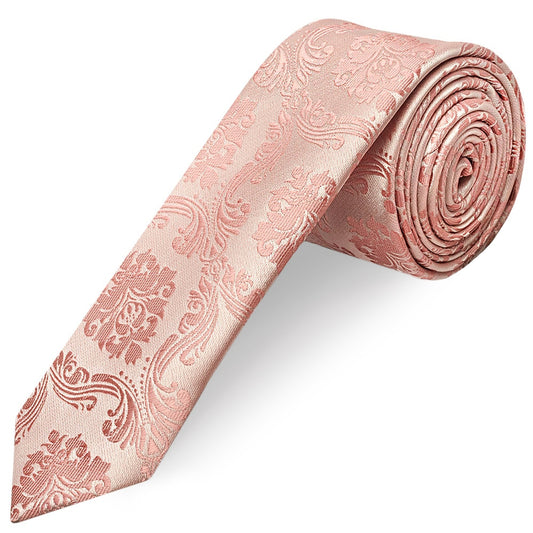 Rose Gold Paisley Skinny Mens Tie and Pocket Square Set