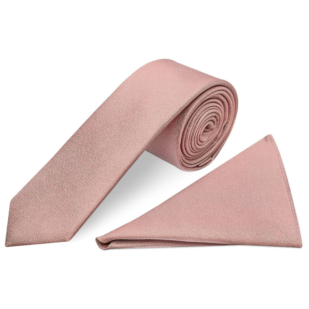 Plain Rose Gold Silk Skinny Mens Tie and Pocket Square Set