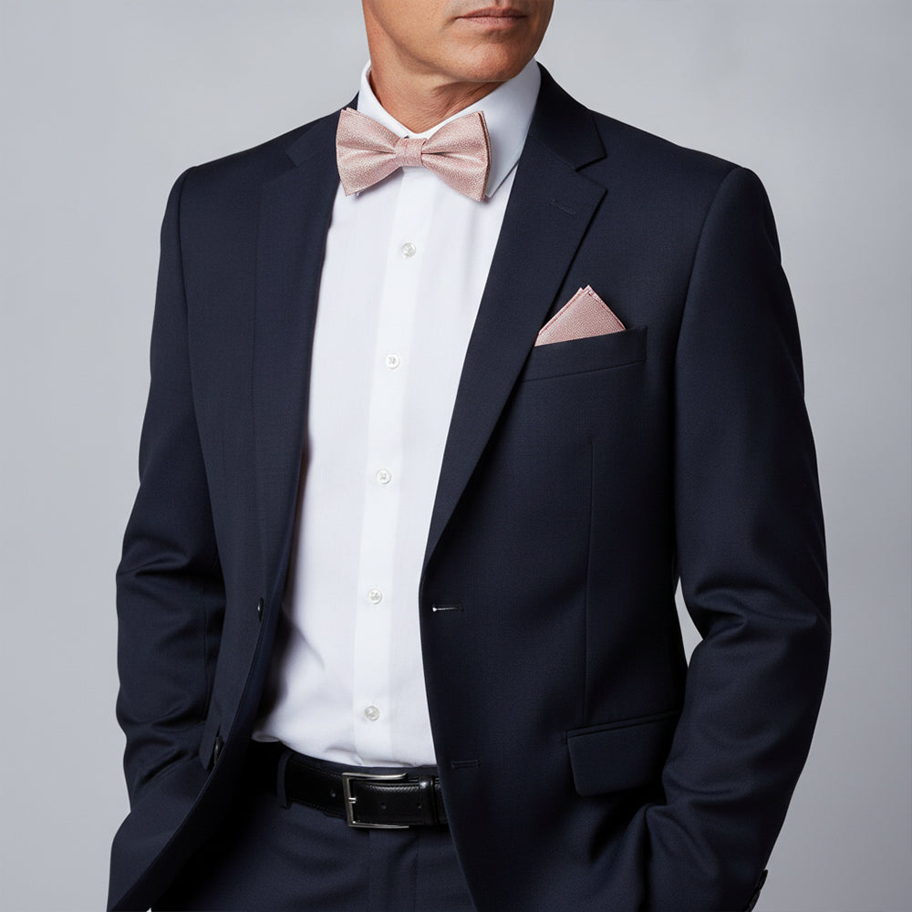 Plain Rose Gold Textured Silk Mens Bow Tie and Pocket Square Set