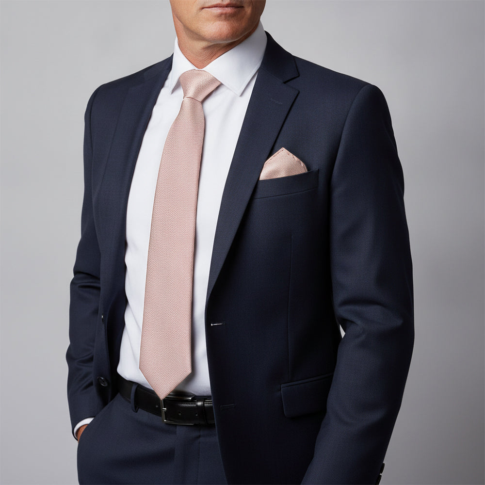 Plain Rose Gold Textured Silk Classic Mens Tie and Pocket Square Set