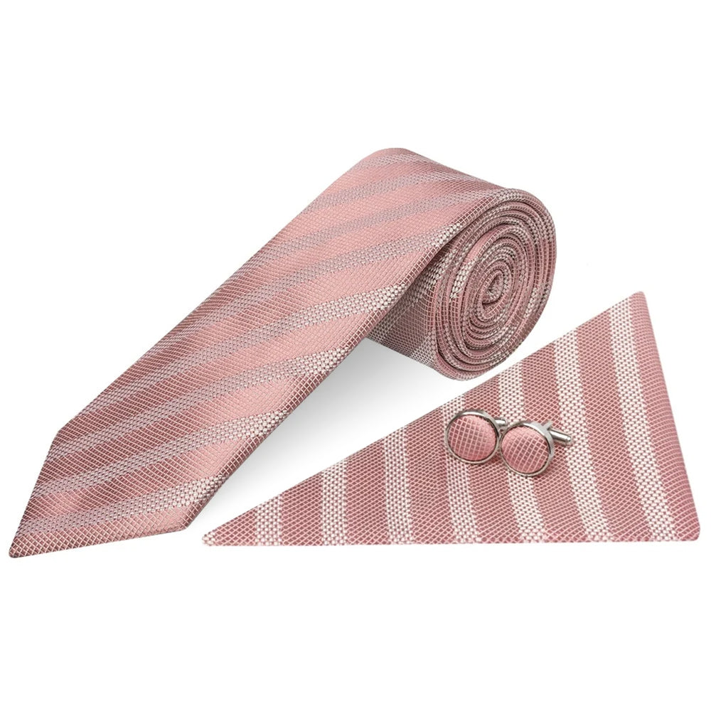 Mens Rose Gold Textured Stripe Silk Classic Tie Pocket Square and Cufflink Box Set
