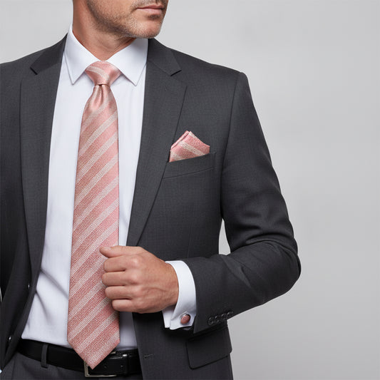 Mens Rose Gold Textured Stripe Silk Classic Tie Pocket Square and Cufflink Box Set