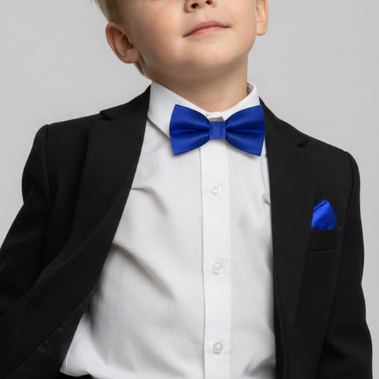 Pre Tied Royal Blue Satin Boys Bow Tie and Pocket Square Set Age 4-7