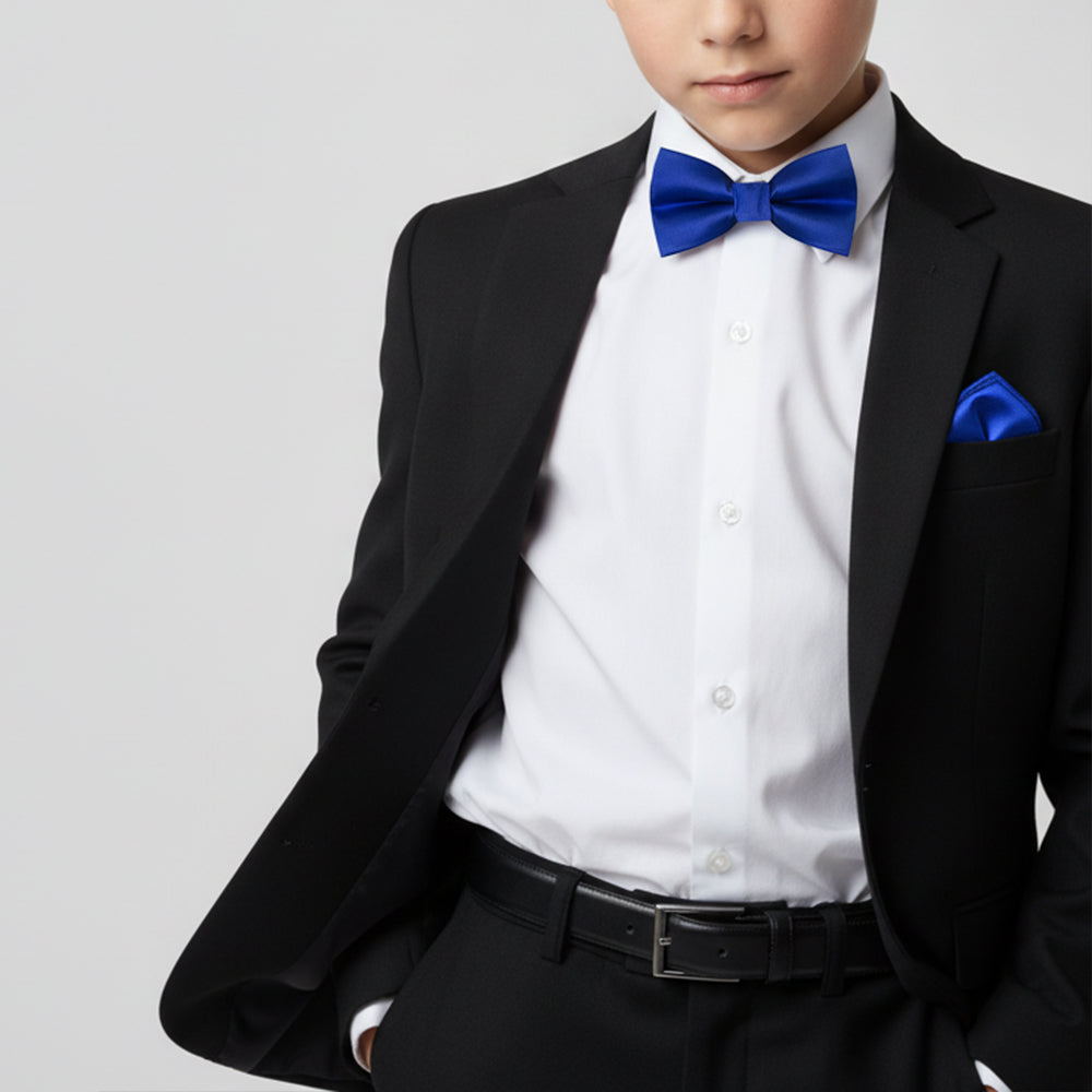Pre Tied Royal Blue Satin Boys Bow Tie and Pocket Square Set