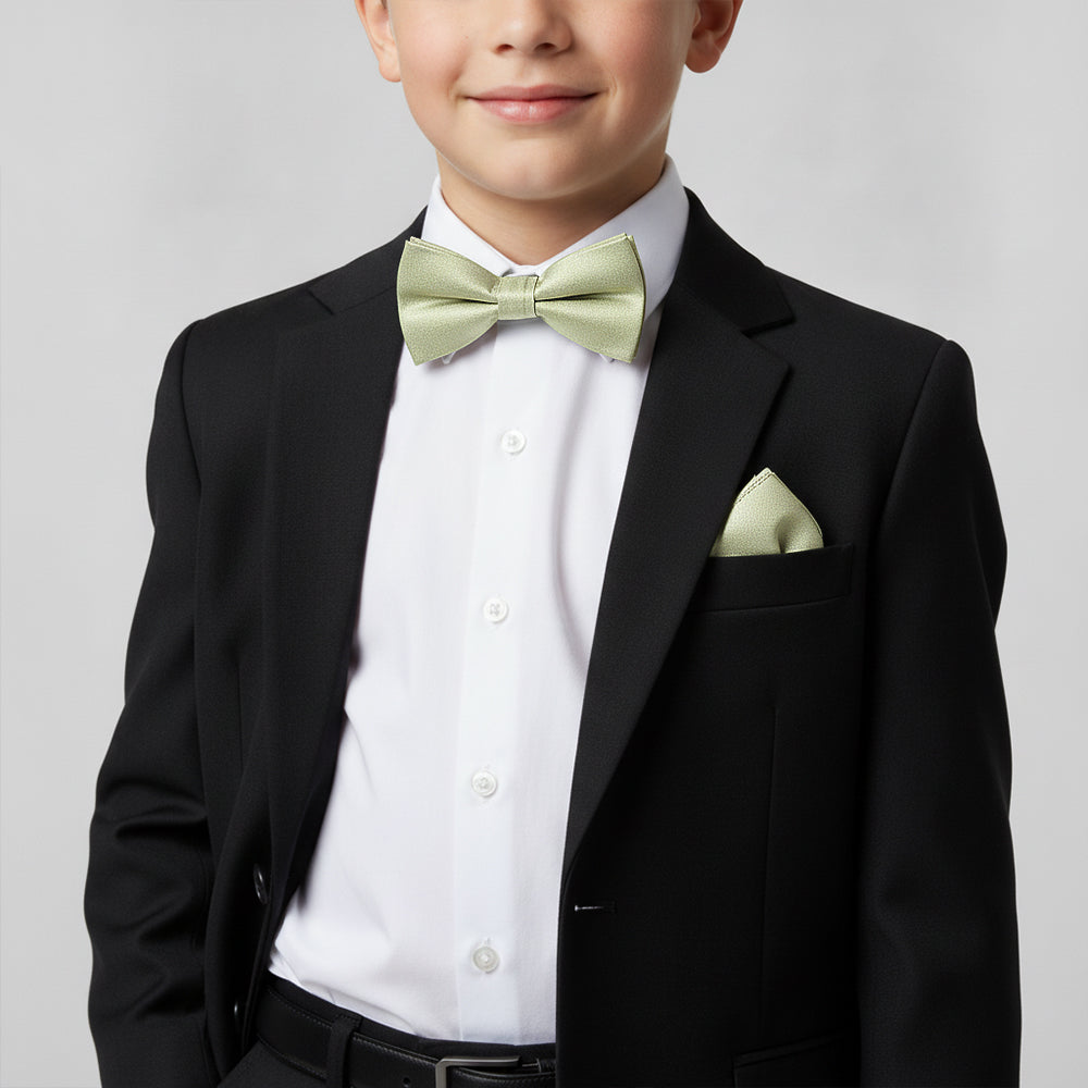 Pre Tied Sage Green Silk Boys Bow Tie and Pocket Square Set Age 8-11