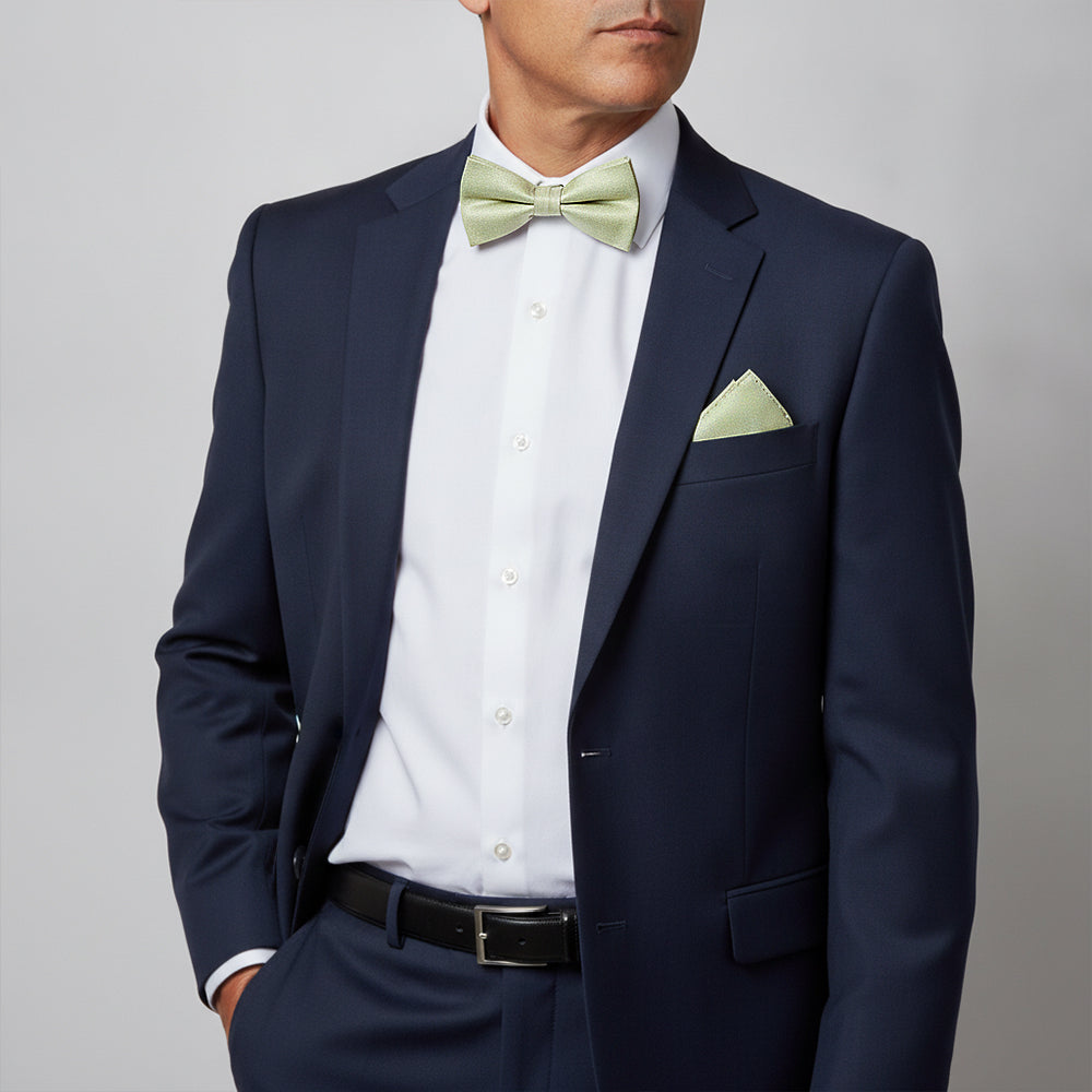 Plain Sage Green Silk Mens Bow Tie and Pocket Square Set