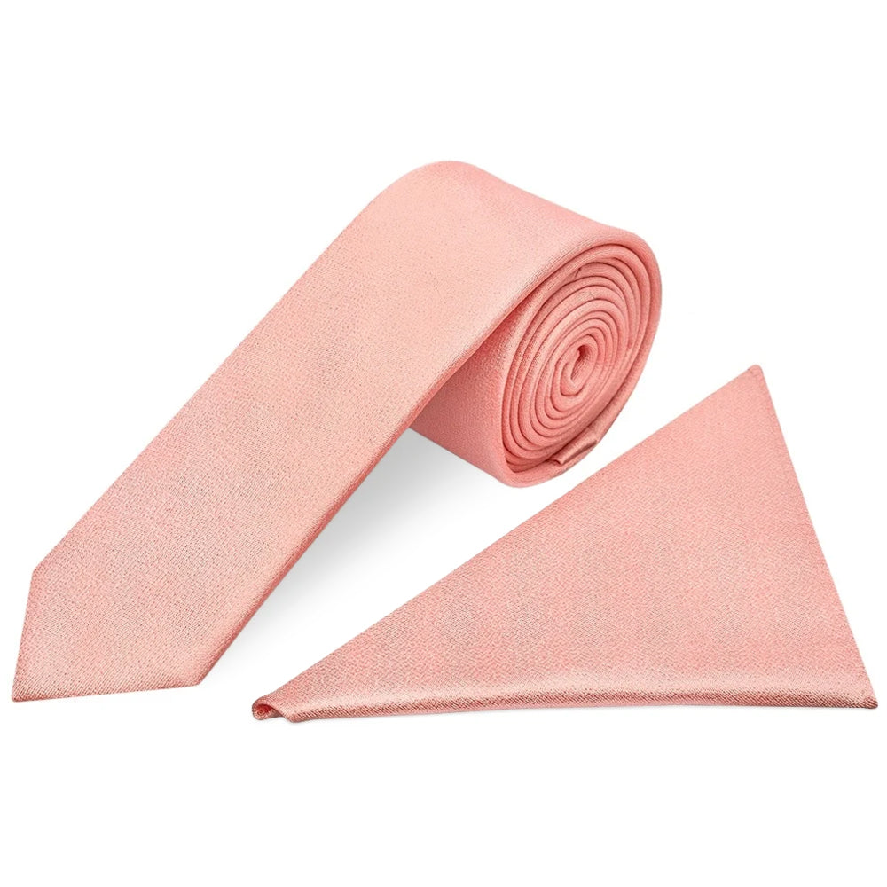 Plain Salmon Peach Silk Skinny Mens Tie and Pocket Square Set