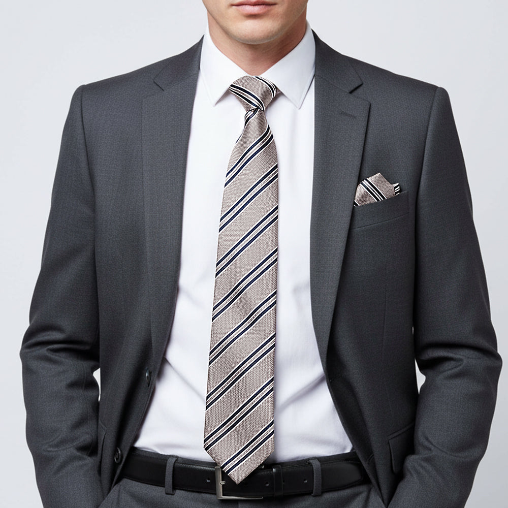 Silver Twin Stripe Classic Men's Tie and Pocket Square Set