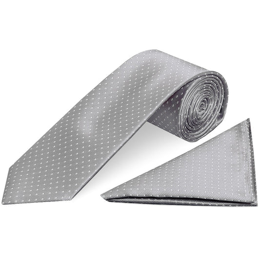 Silver and White Polka Dot Classic Men's Tie Pocket Square Set