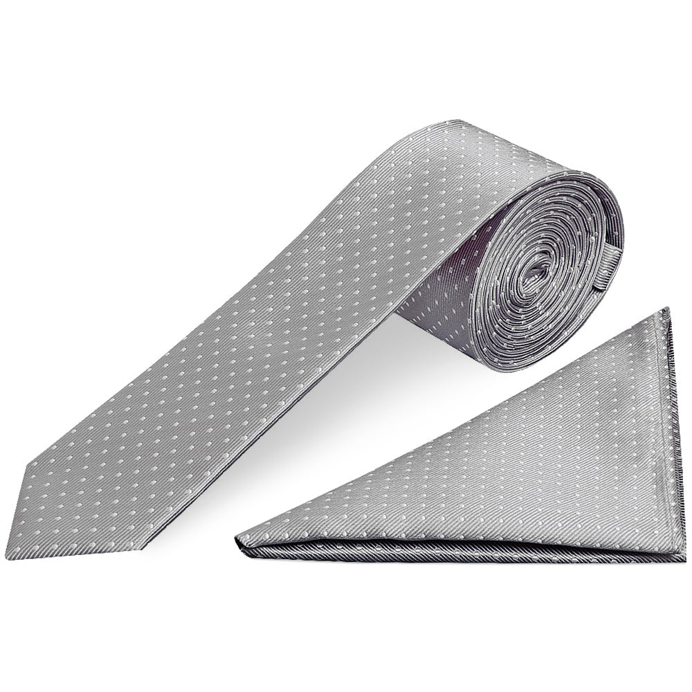 Silver and White Polka Dot Skinny Men's Tie Pocket Square Set