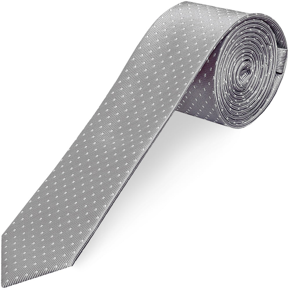 Silver and White Polka Dot Skinny Men's Tie Pocket Square Set